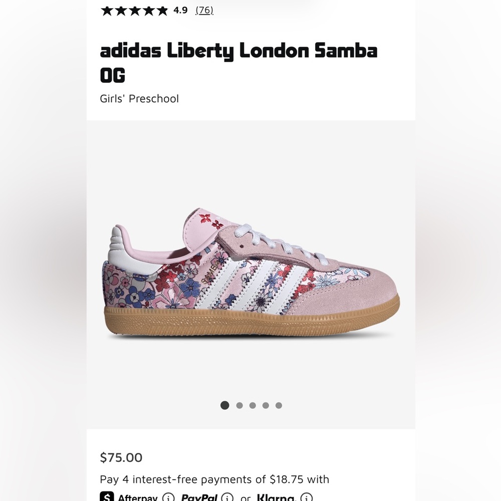 NIB adidas Liberty London Samba OG Kids Floral Pink and Blue- size 2